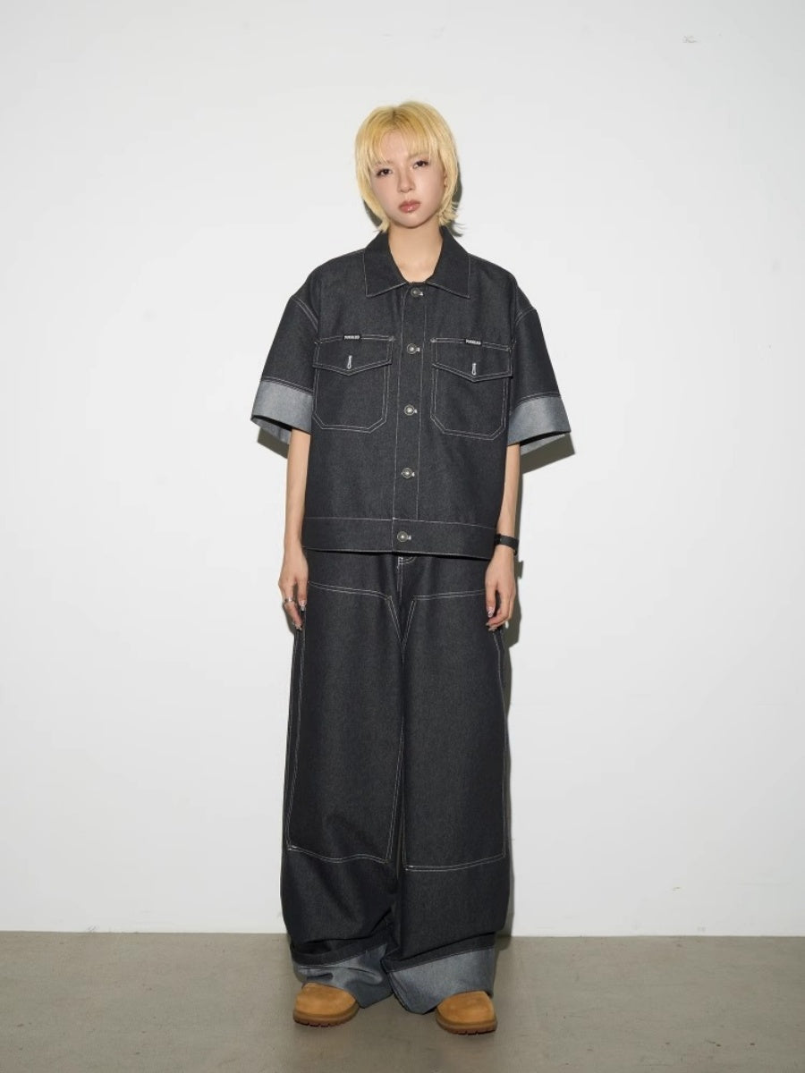 【上下別売り】Monogram Print Short-sleeved Denim Jacket & Jeans Set-up MN9021