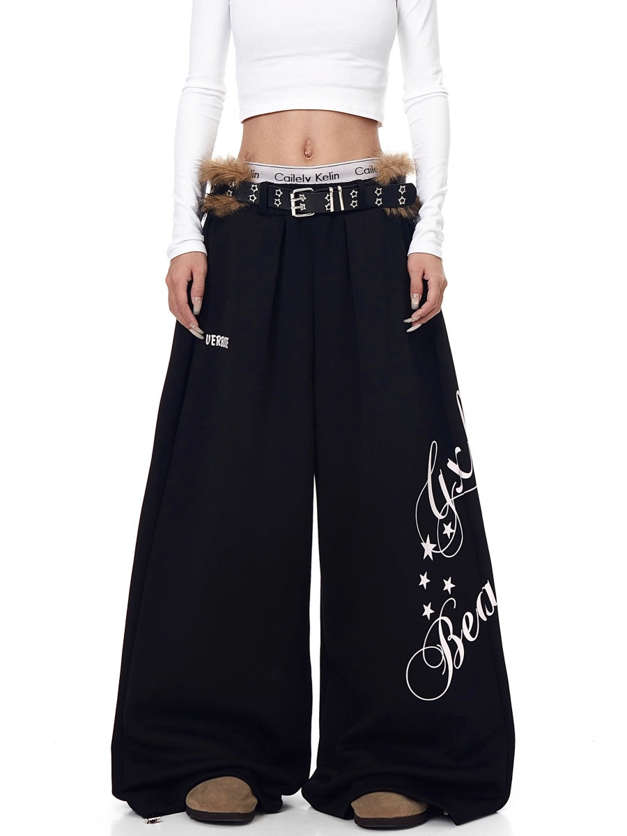 Letter Print Wide Sweat Pants With Fur Belt BK7026