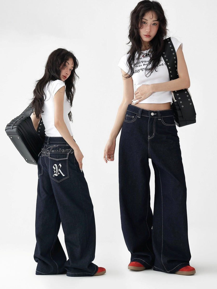 Low Rise Back Embroidered Loose Jeans AC7125