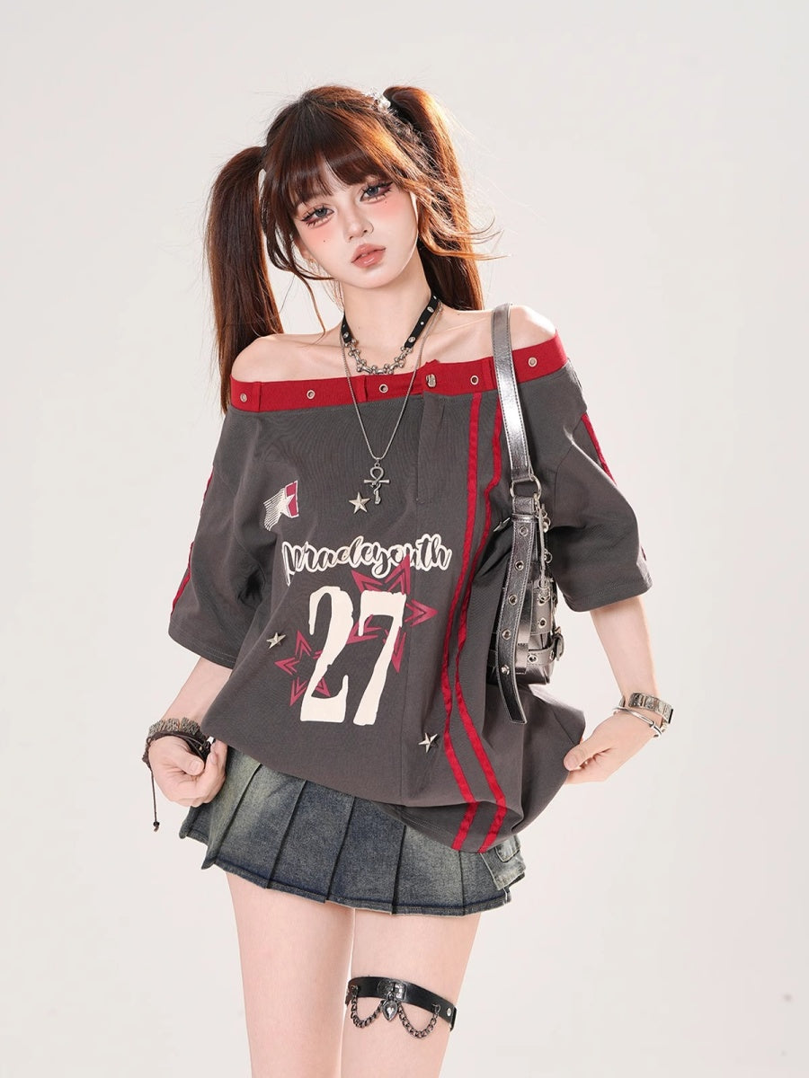 Off-Shoulder American Print T-Shirt KK2069