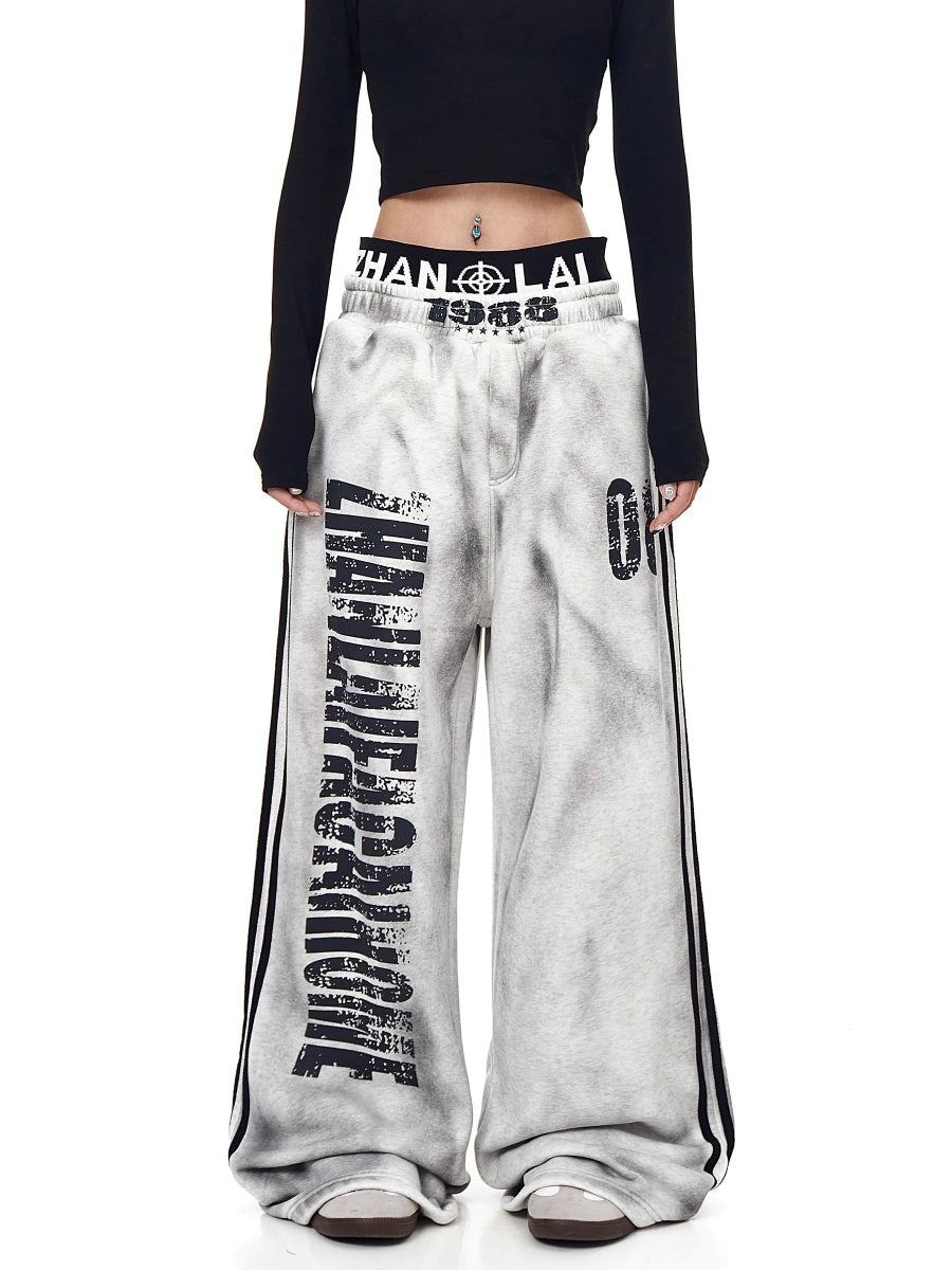 Dirty Distressed Printed Double Waist Sweat Pants BK7041