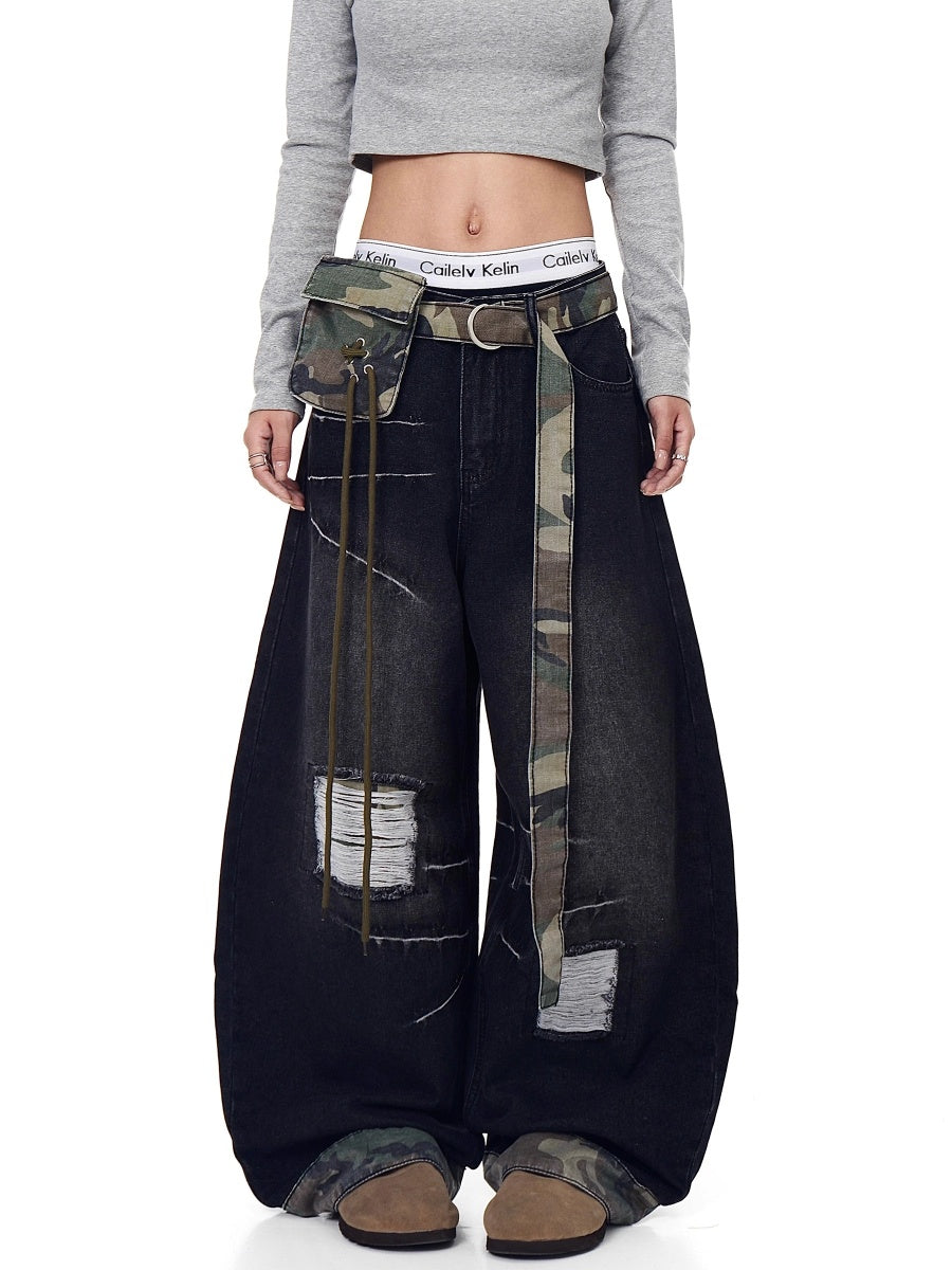 Patchwork Ripped Curve Jeans With Camouflage Belt Bag MW10240
