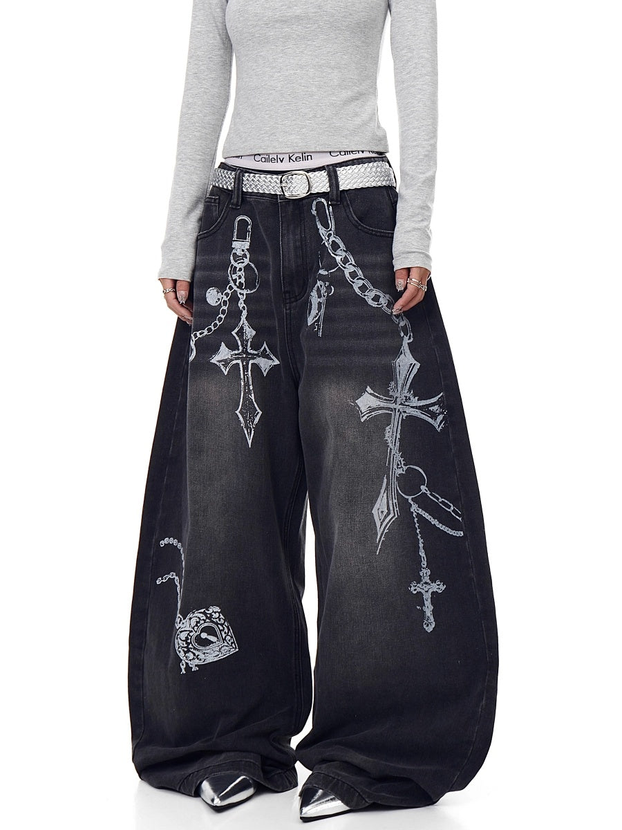 Cross Print Washed Loose Curve Jeans MW10275