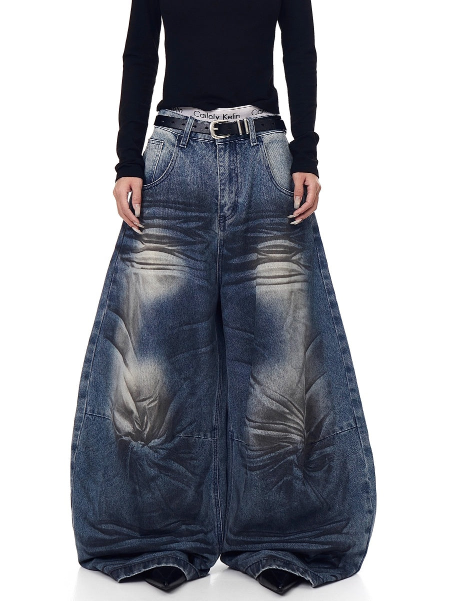 Washed Cat Whisker Printed Scimitar Jeans BK7029