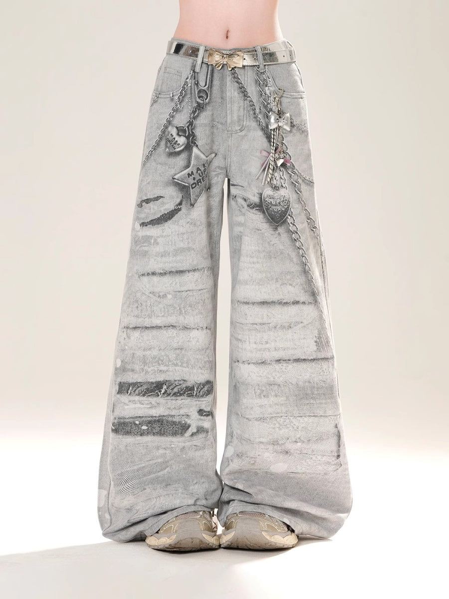 Chain＆Charm Print Loose Jeans KK2074