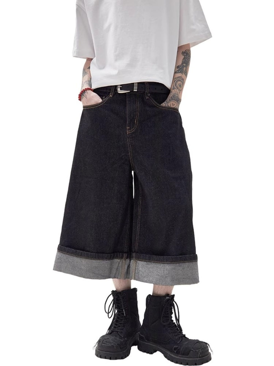 Turned-up Wide-leg Denim Half Pants MW10216