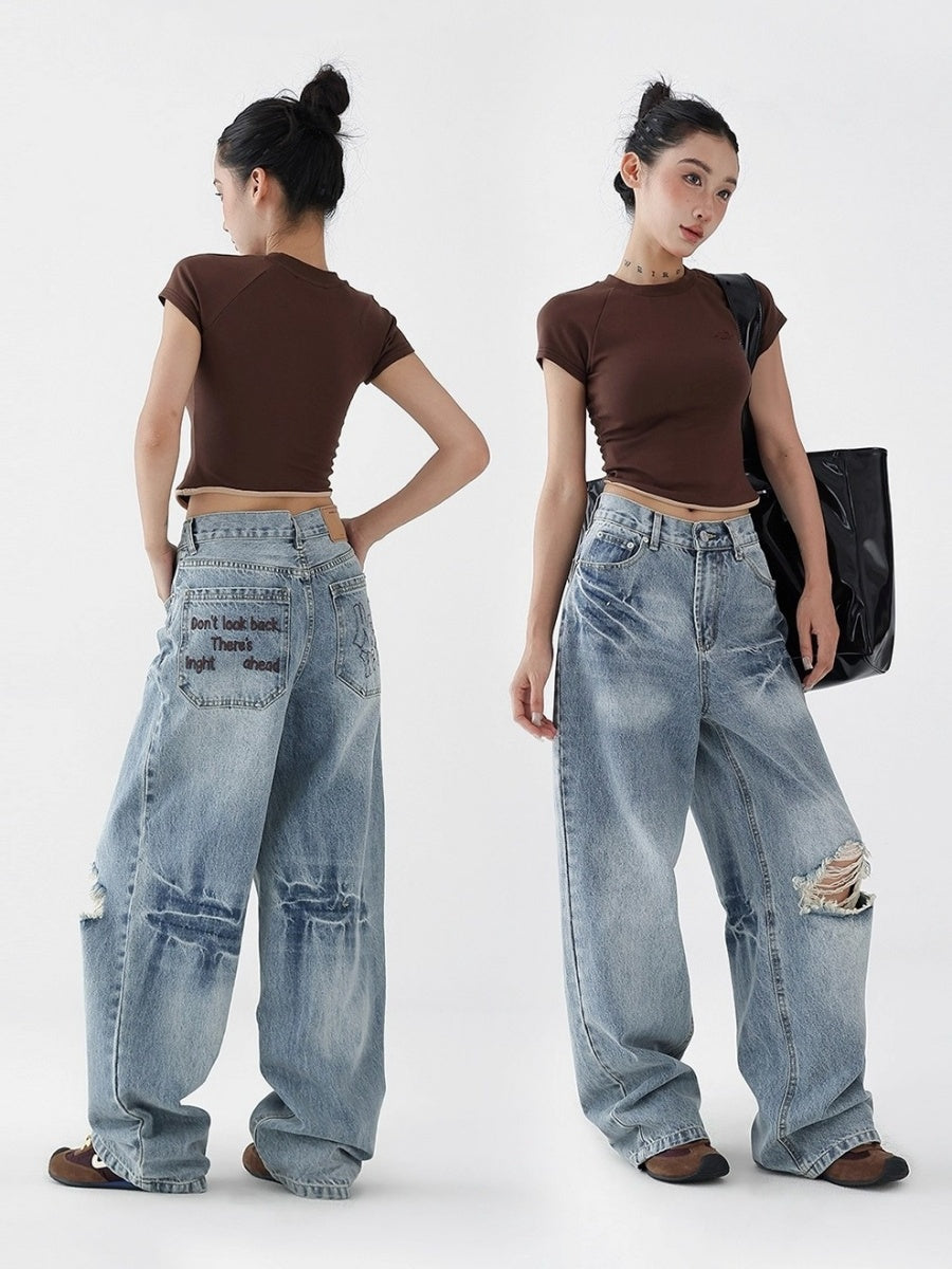 Lettering Embroidered Wide-leg Washed Ripped Jeans AC7128