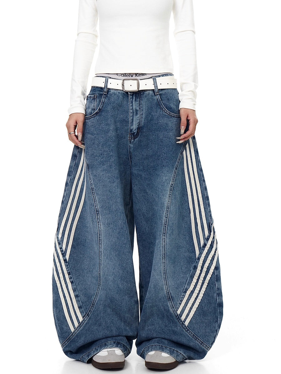 Striped Patchwork Washed Scimitar Jeans BK7031