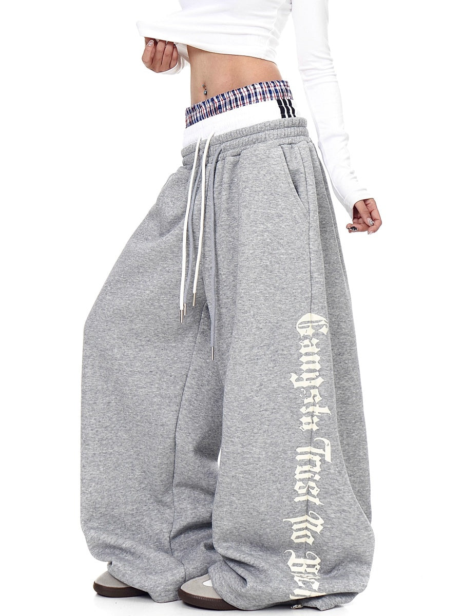 Triple-waist Patchwork Letter Drawstring Sweat Pants BK7063