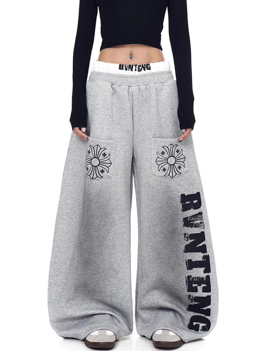 Double-Waist Letter Print Sweat Curve Pants BK7056