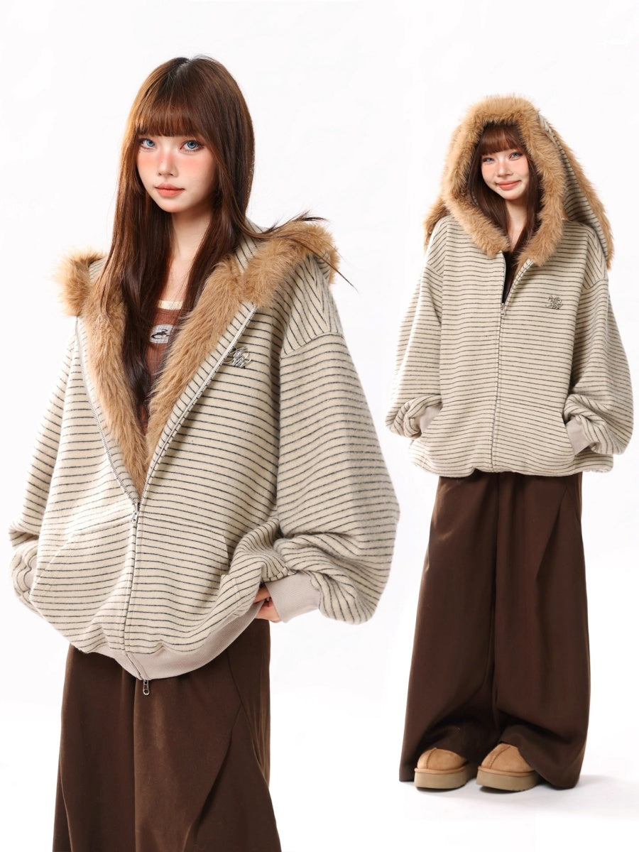 Fur Collar Rabbit Ear Border Zip Hooded Parka MW10293