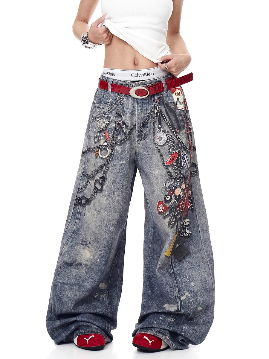 3D Chain Print Wide-leg Jeans MW10194
