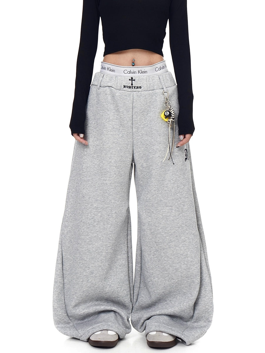 Cross Embroidery Loose Sweat Curve Pants BK7055
