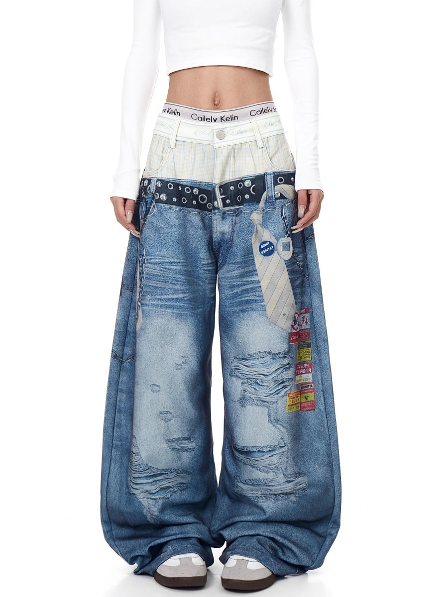 3D Belt Chain Print Double-Waist Jeans BK7020