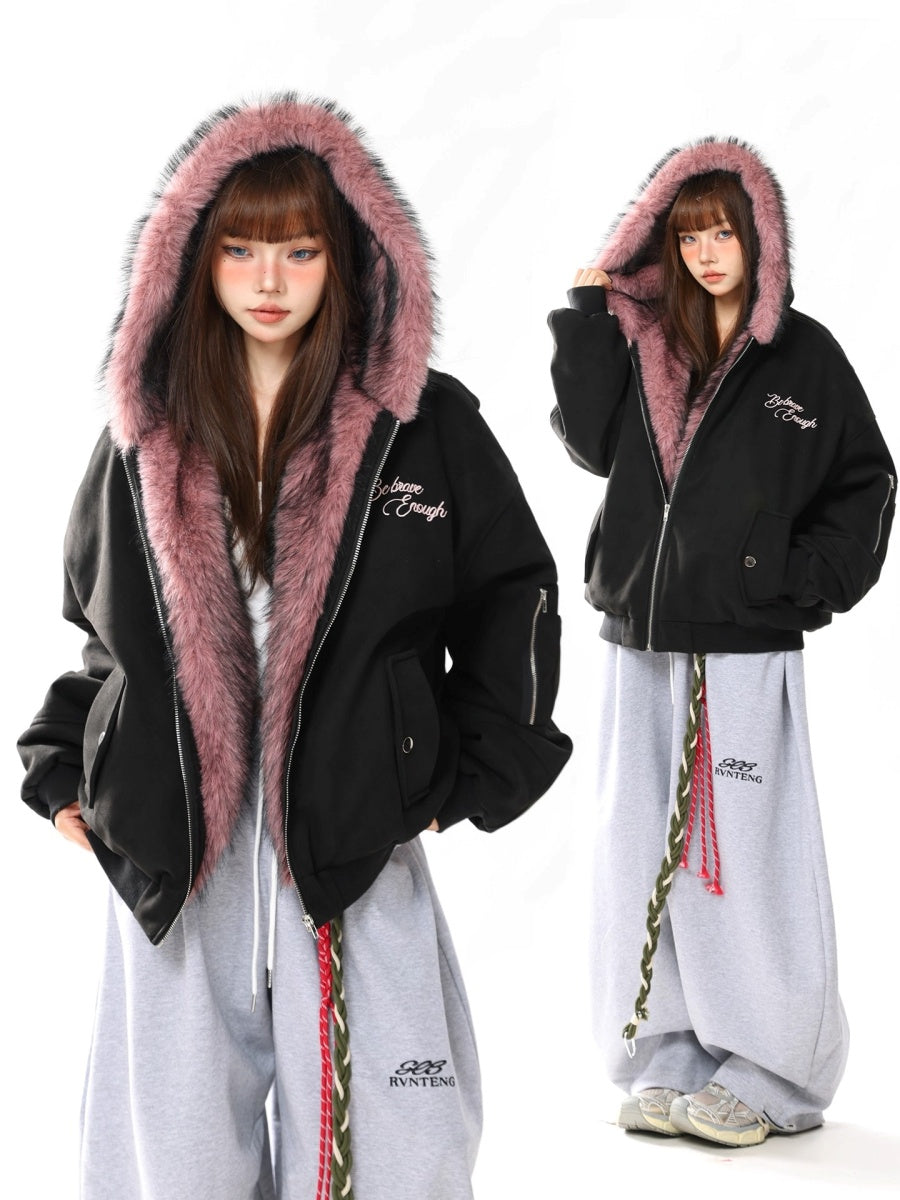 Letter Embroidery Carving Fur Collar Hooded Jacket MW10294