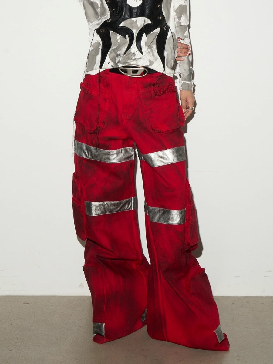 Dark Stained Dyeing Color-blocked Wide Fire Pants MN9029