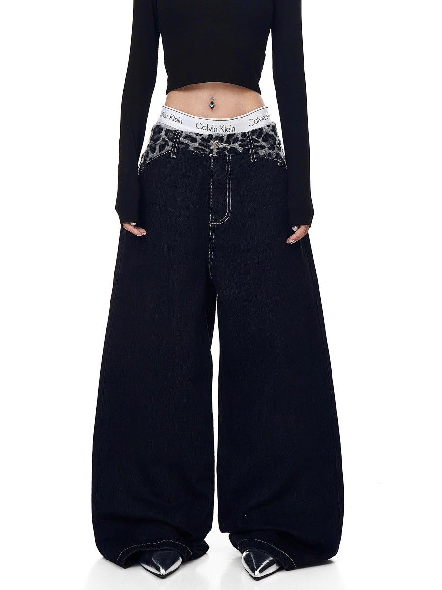 Plush Leopard Print Stitching Scimitar Jeans BK7045