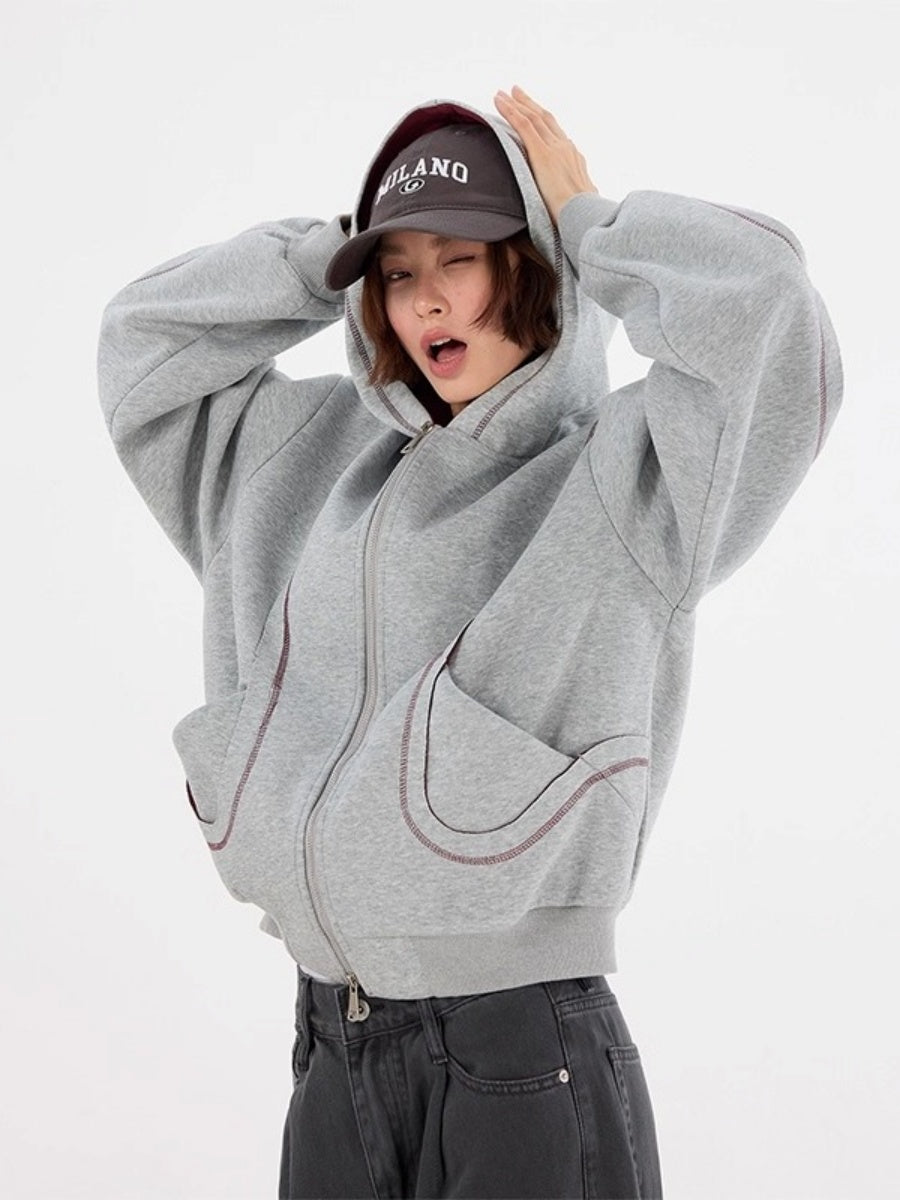 Contrast Splicing Design ZIP-up Hooded Sweat MW10240