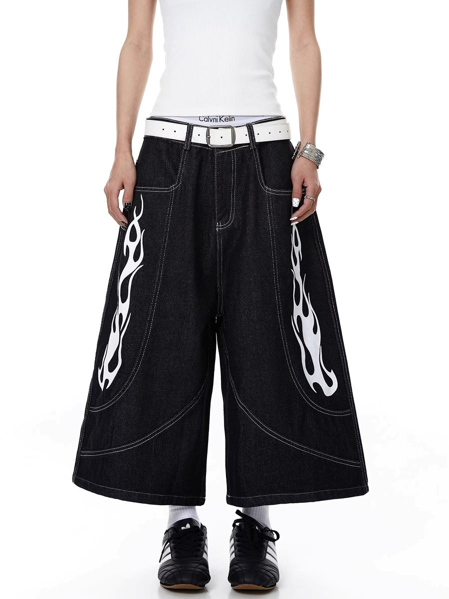 Flame Print Cropped Denim Pants MW10383