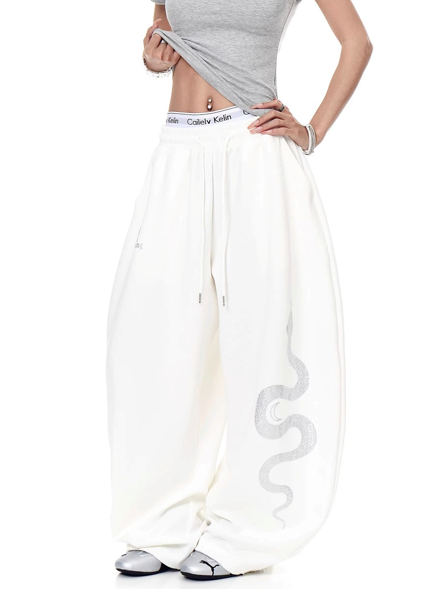 Snake Rhinestone Wide Curve Sweat Pants MW10388