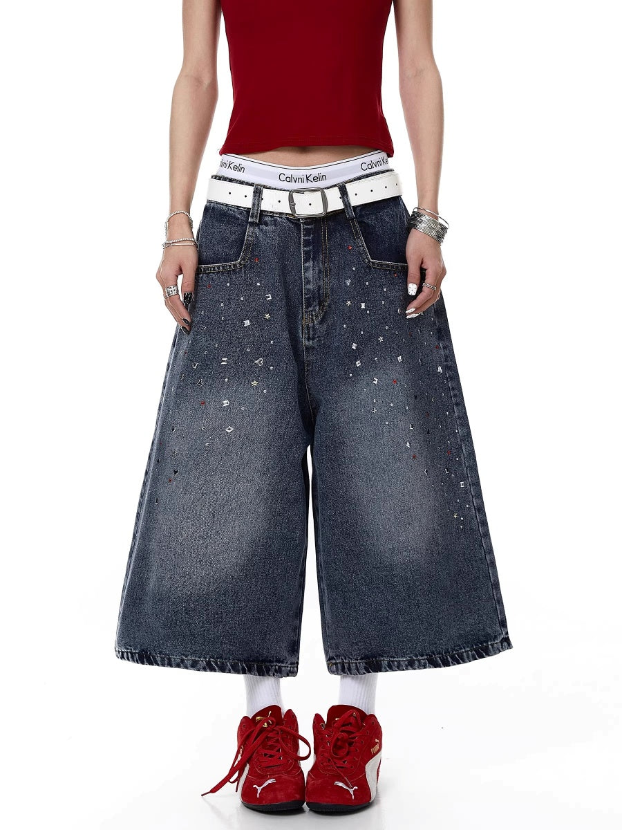 Rhinestone Washed Denim Cropped Pants MW10384