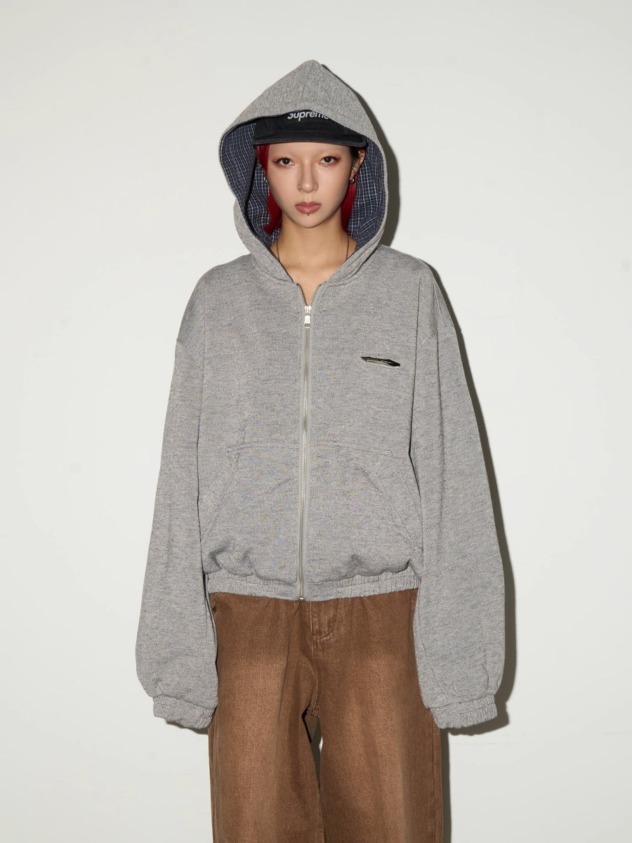 Plaid Stitching Zip Hooded Parka MN9042