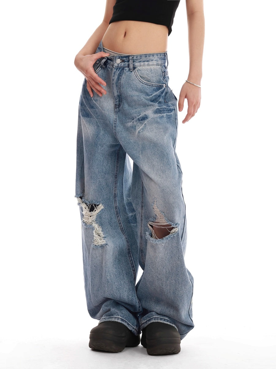 Retro Washed Embroidered Ripped Wide Jeans VI2007