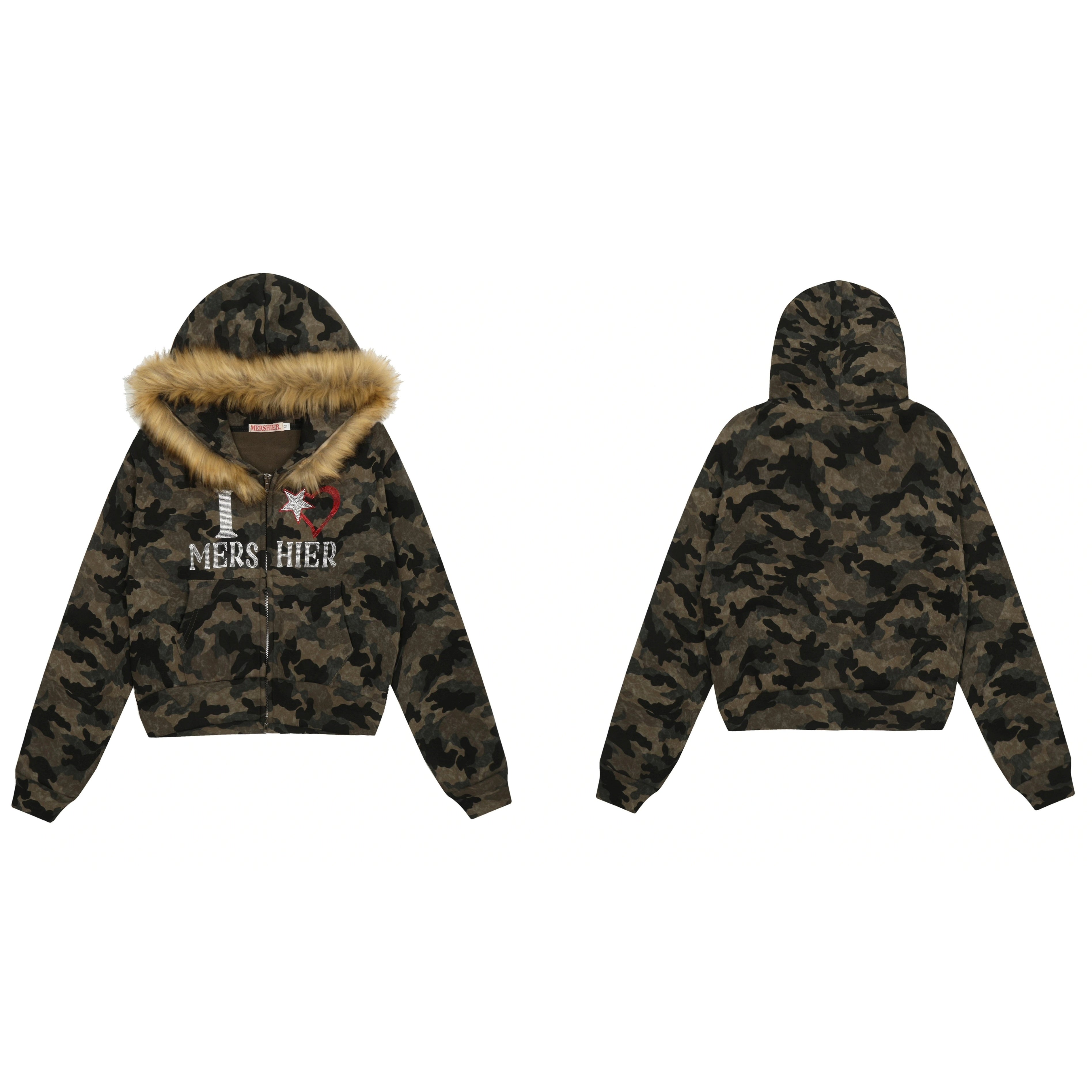 Fur Collar Camouflage Rhinestone Cropped Hoodie Parka MW10302