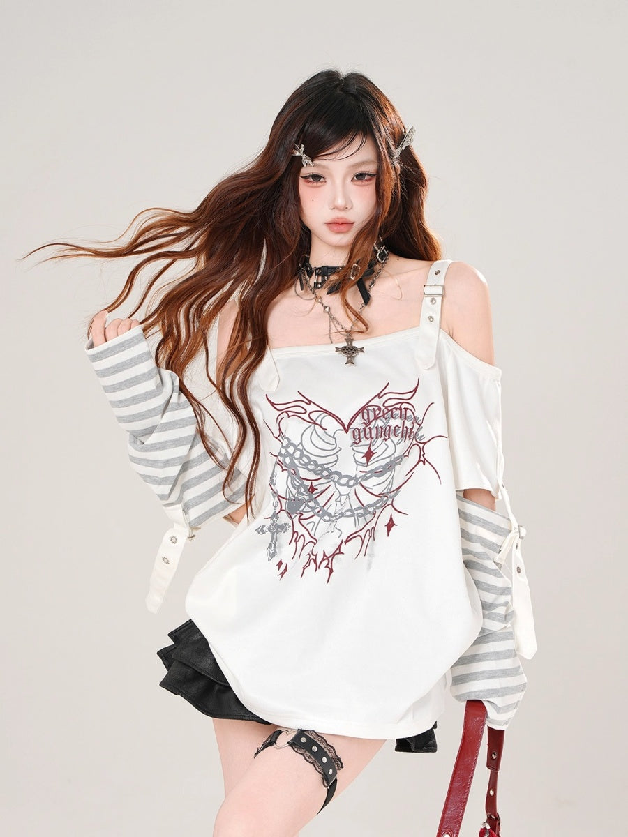 Off-shoulder Loose Long Border Sleeve T-shirt KK2078