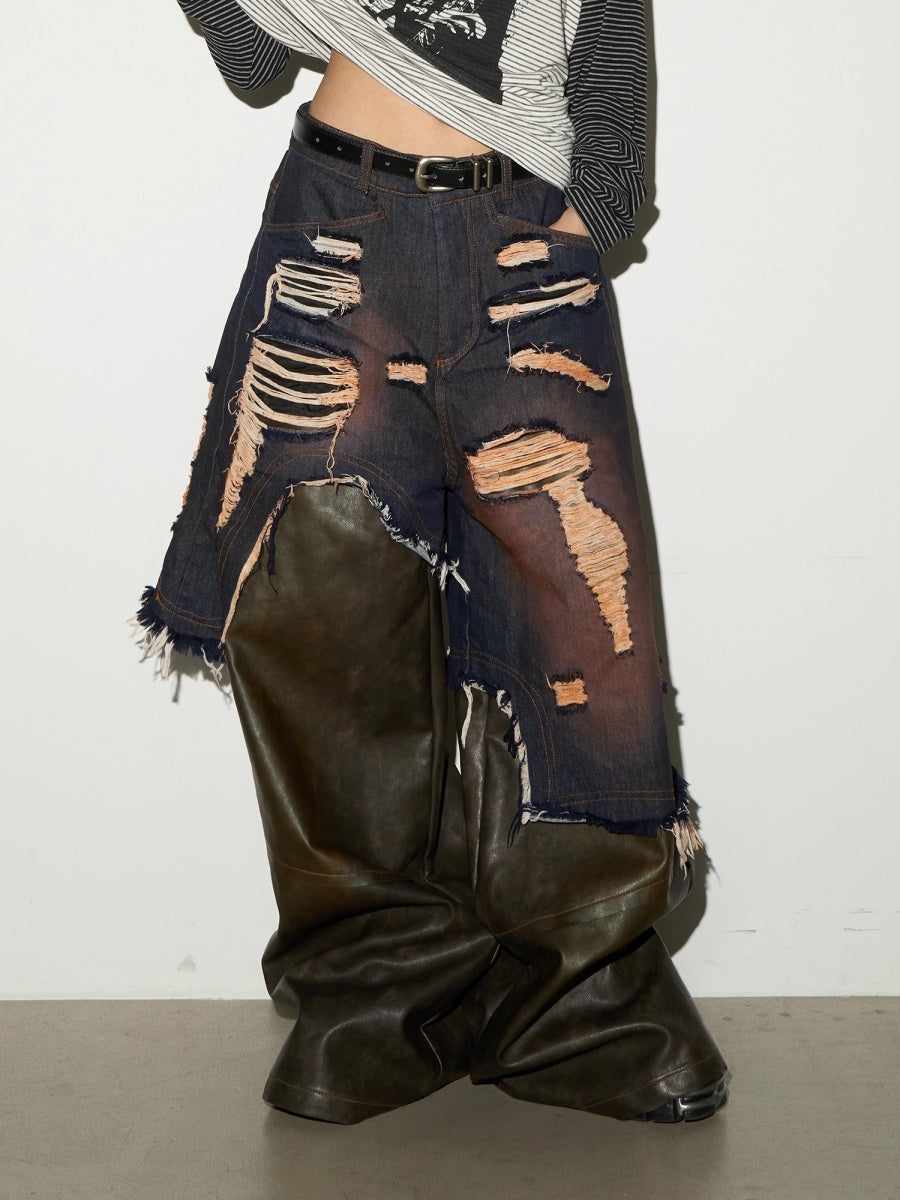 Wide-leg Spliced Leather Denim Pants MN9028