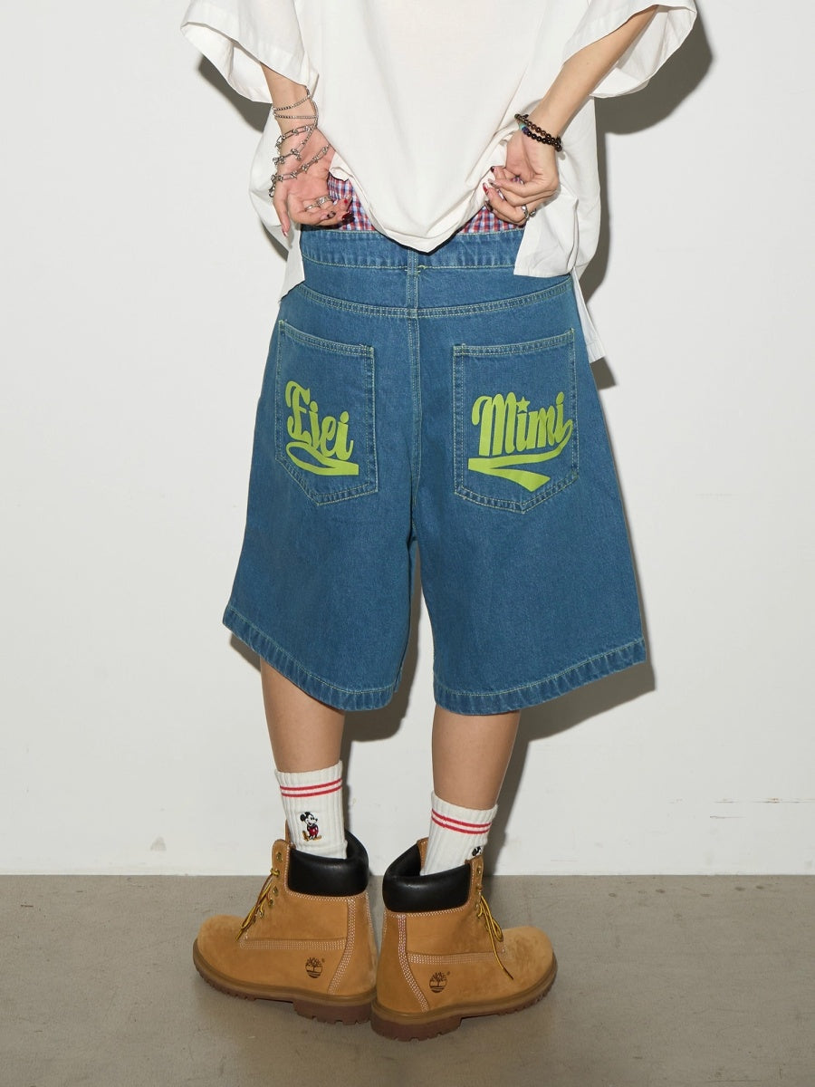 Back Print Loose Denim Half Pants MN9003