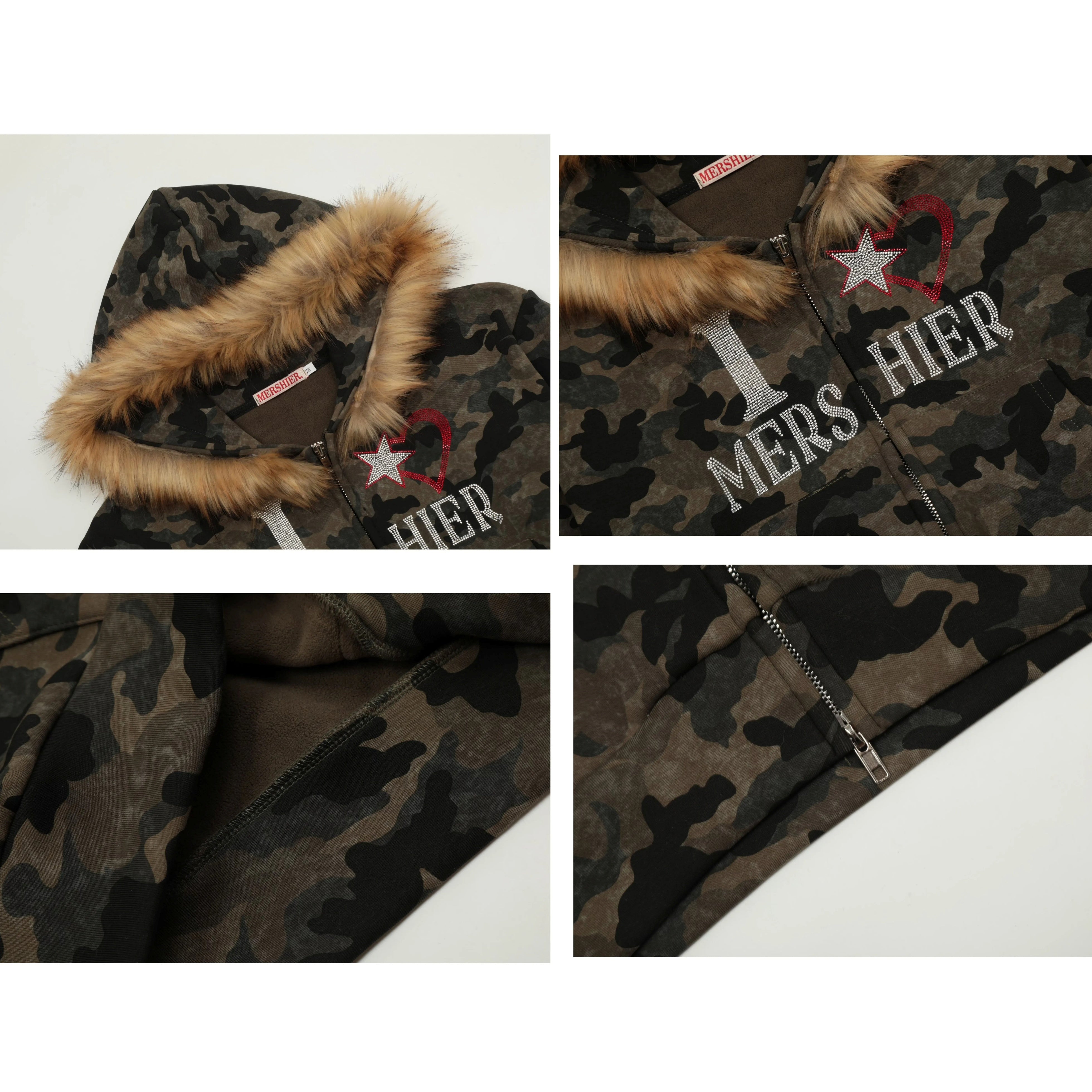 Fur Collar Camouflage Rhinestone Cropped Hoodie Parka MW10302