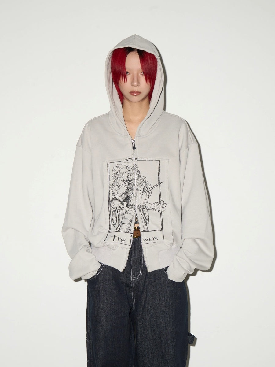 Monotone Print Double Zip Shorts Hooded Sweat MN9027