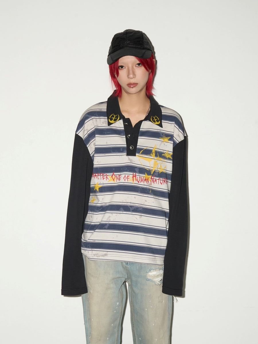 Dirty Layers Print Border Polo Collar T-shirt MN9025