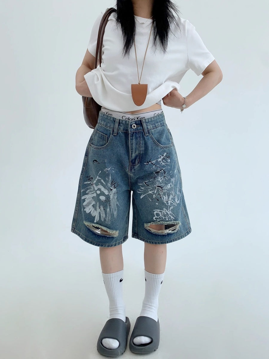 Graffiti Paint Ripped Denim Shorts MW10153