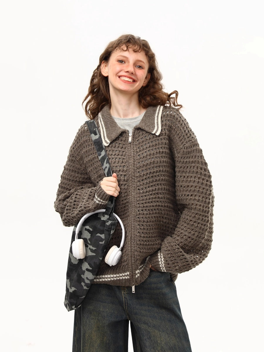 Vintage Polo Collar Crochet Knit Jacket MW10264