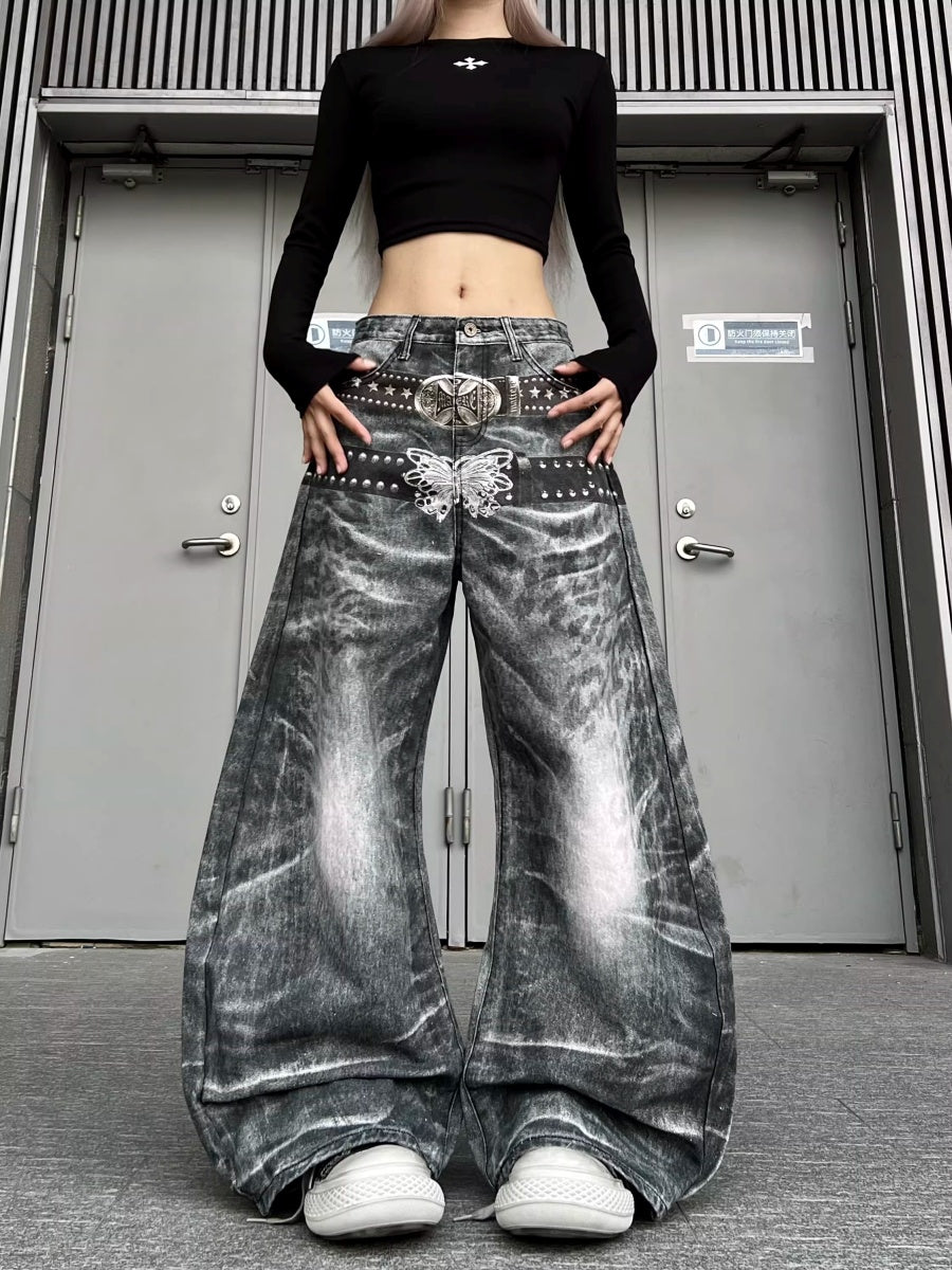 3D Belt Printed Wide Curve Jeans MW10380