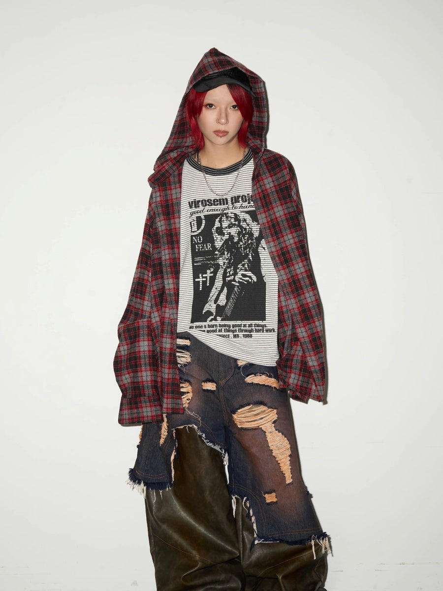 Plaid Long-sleeved Hooded Shirt MN9034