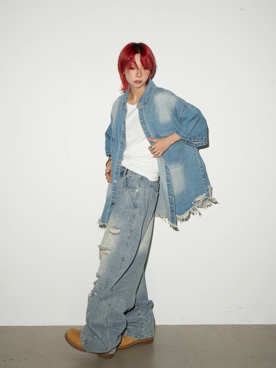 Heavy Wash Raw Edge Denim Shirt Jacket MN9006