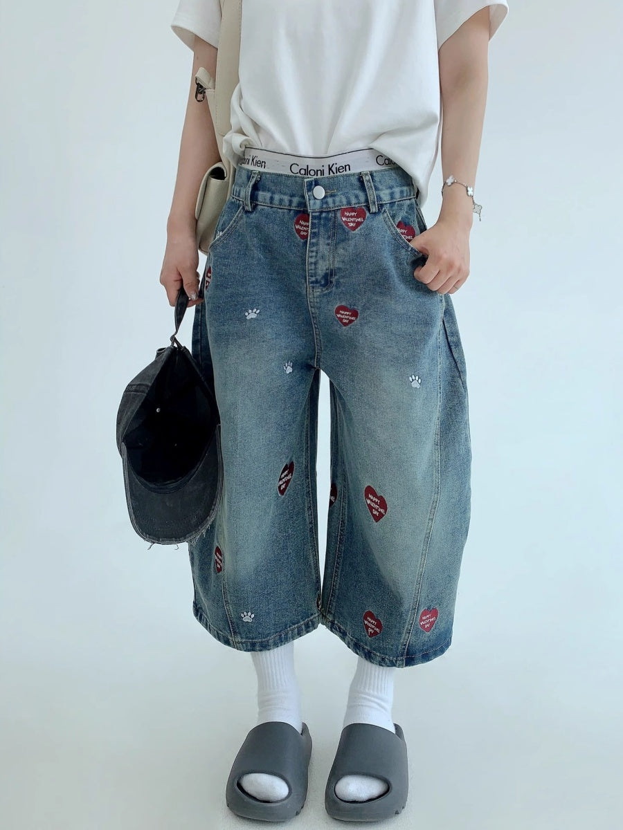 Distressed Heart Embroidery Cropped Jeans MW10151