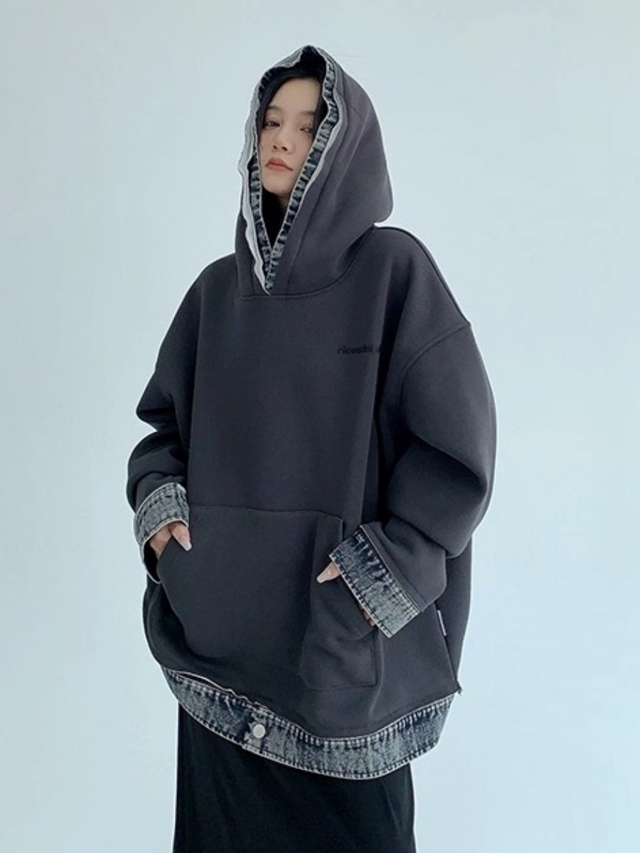 Contrasting Splicing Denim Hooded Sweat OS2056