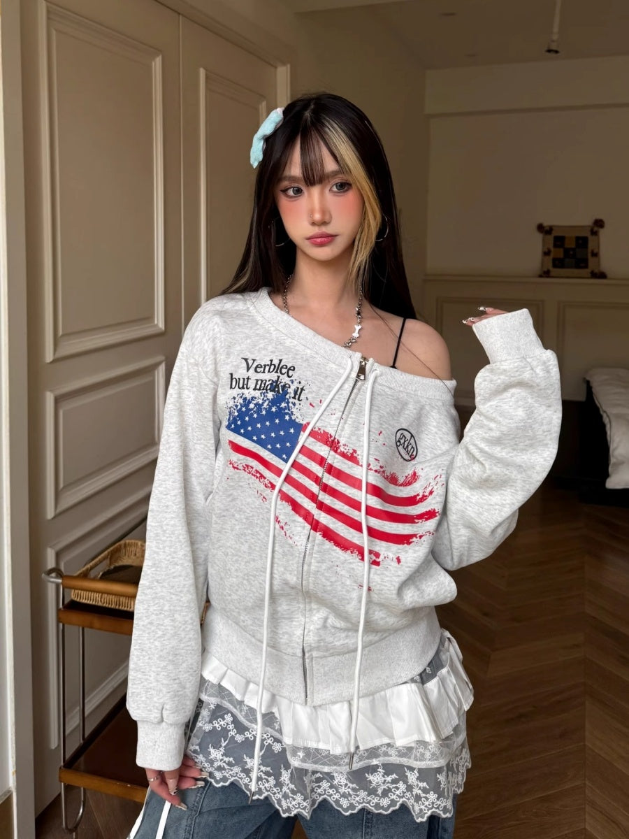 American Letter Print Zipper Sweat Cardigan MW10267