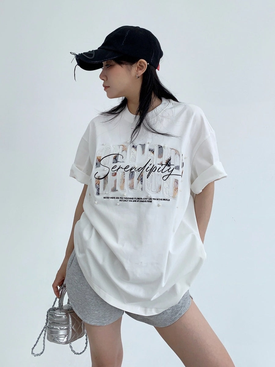 Lace Patch Embroidery Bead Relaxation T-shirt OS2016