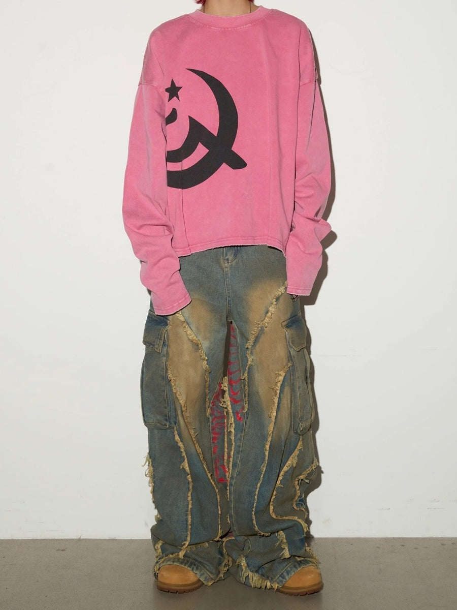 Pigment Print Raw Edge Wide Cargo Jeans MN9047