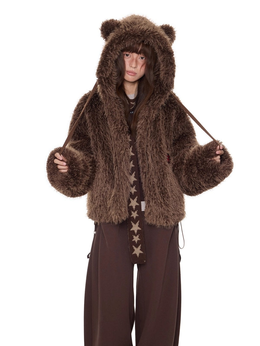 Bear Ears Eco-friendly Faux Fur Hooded Jacket EZ243