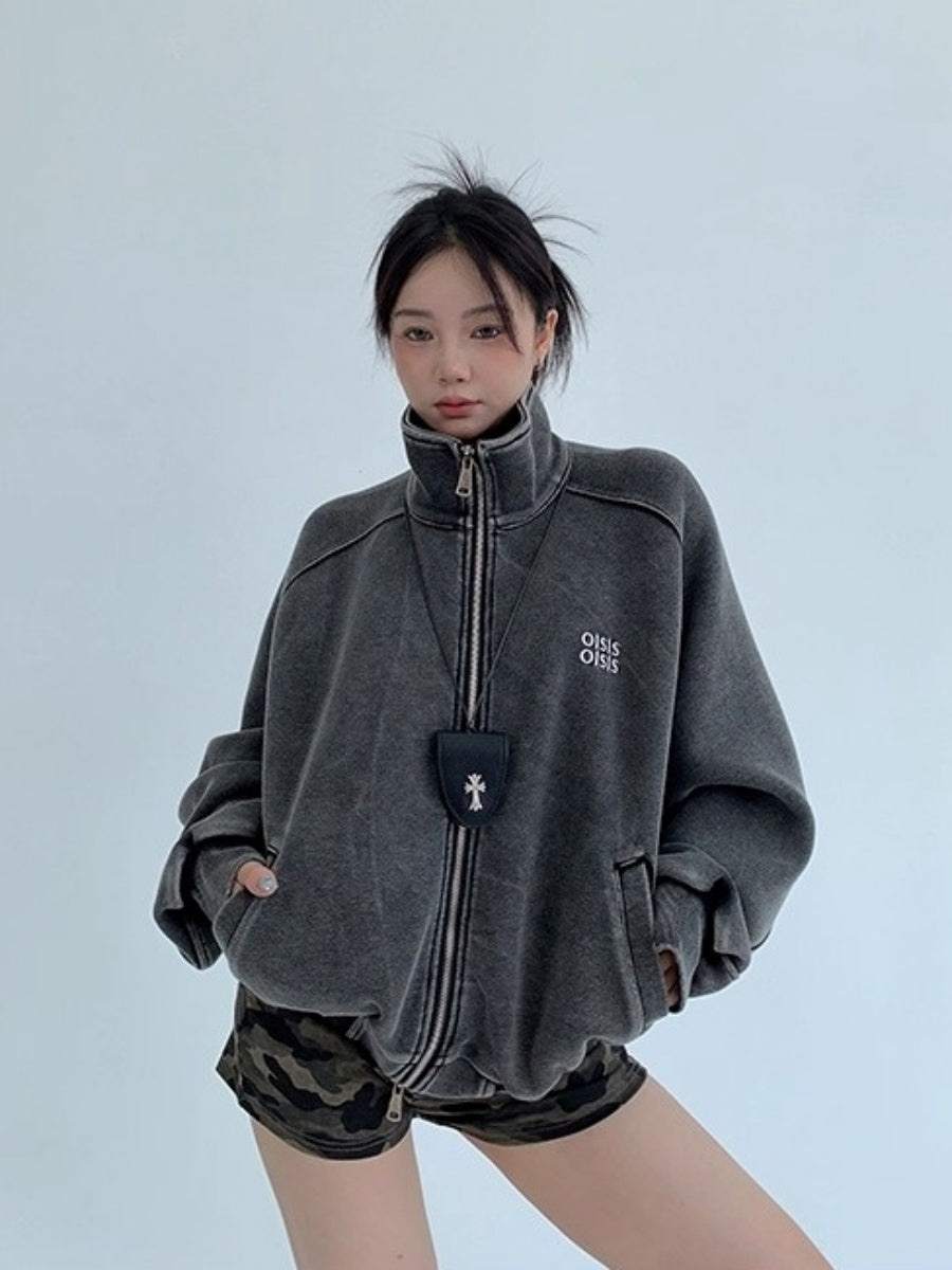 Damage Washed Stand Collar Casual Jacket OS2048