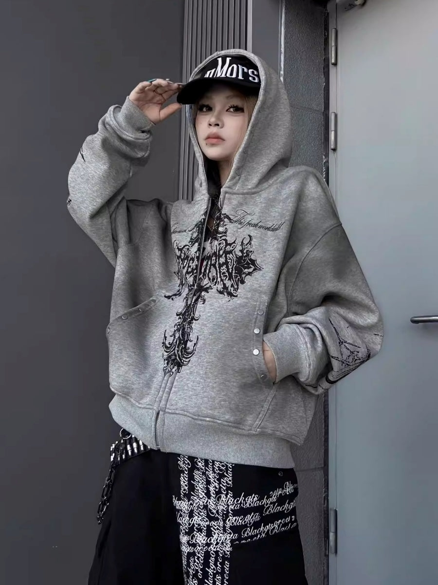 Stained Cross Print Hoodie Jacket MW10335