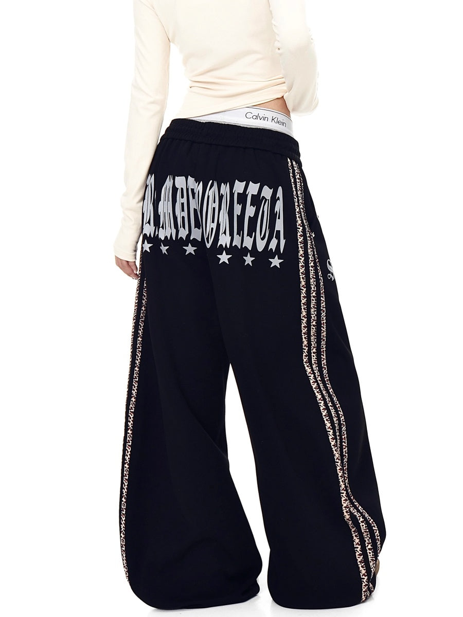 Leopard Print Spliced Rivet Curve Sweat Pants BK7058