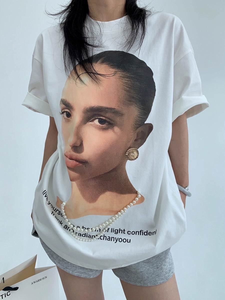 Pearl Bead Portrait Loose T-shirt OS2012