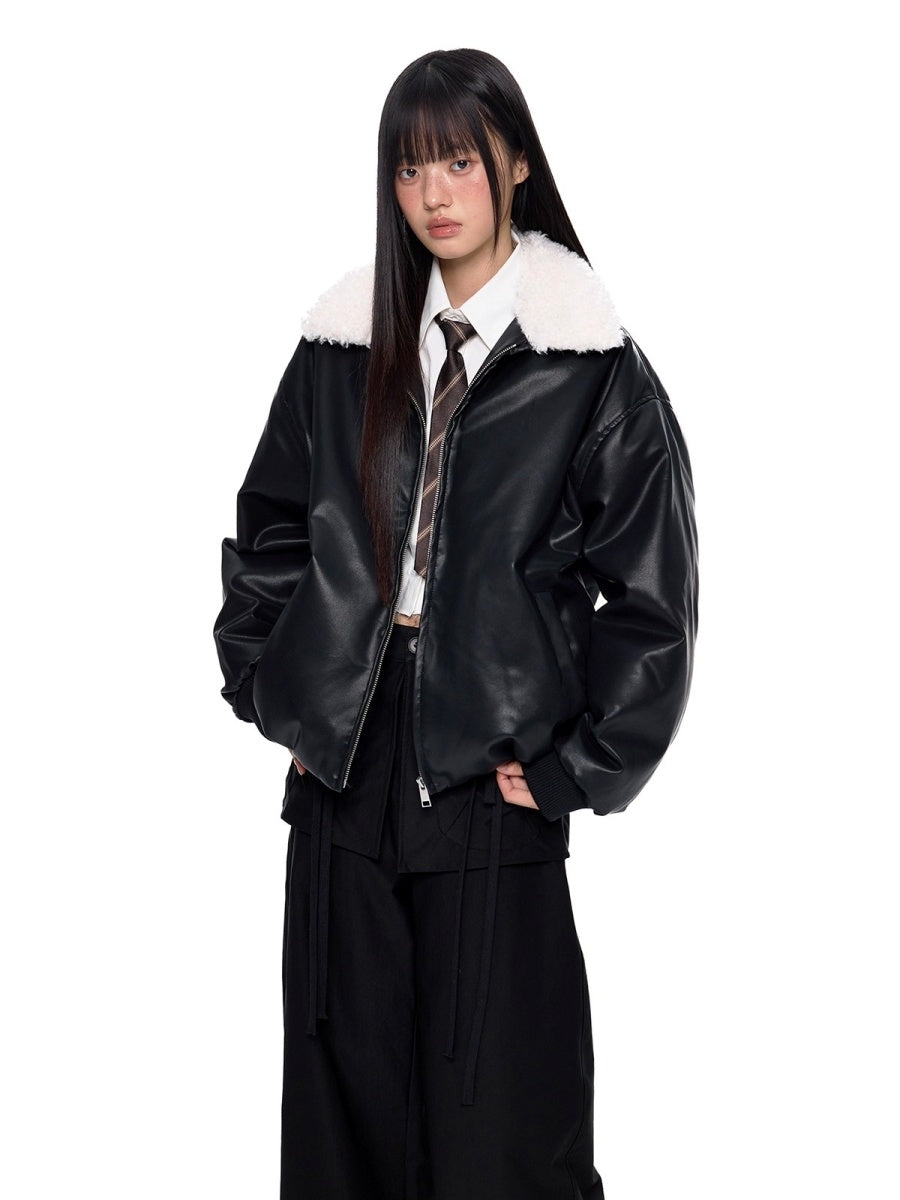 Contrast Lapel PU Leather Jacket EZ255